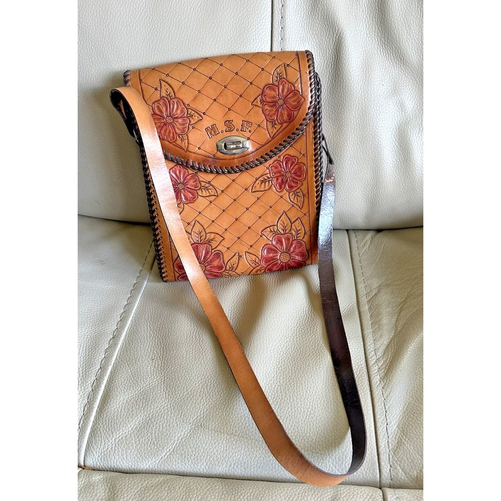 MEXICO Hand - Tooled Crossbody Leather Bag Vintage 70s Hippie Gypsie‎ Style